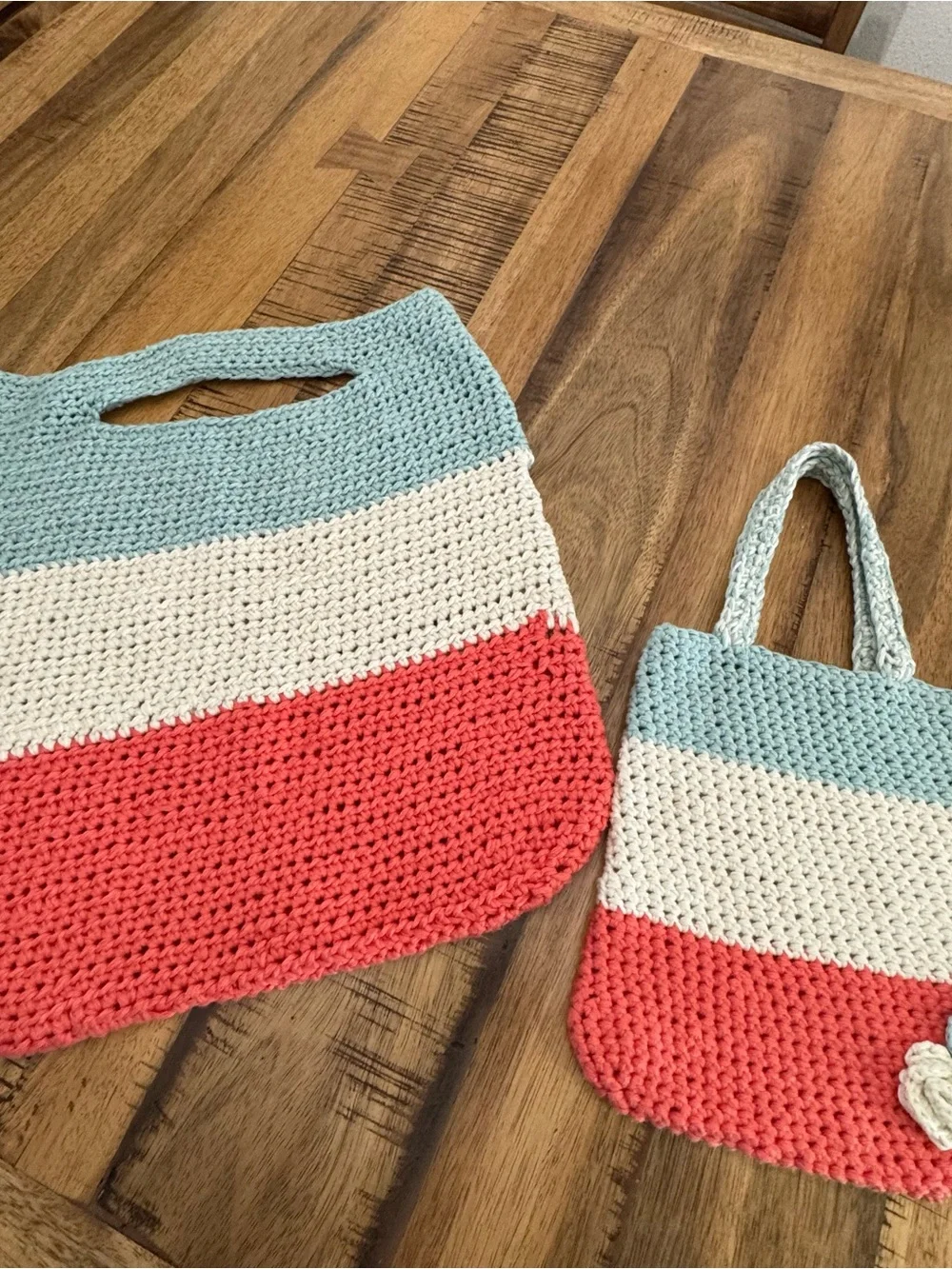 Handcrafted Stripe Crochet Tote & Mini Bag Set in Coral, Cream & Light Blue